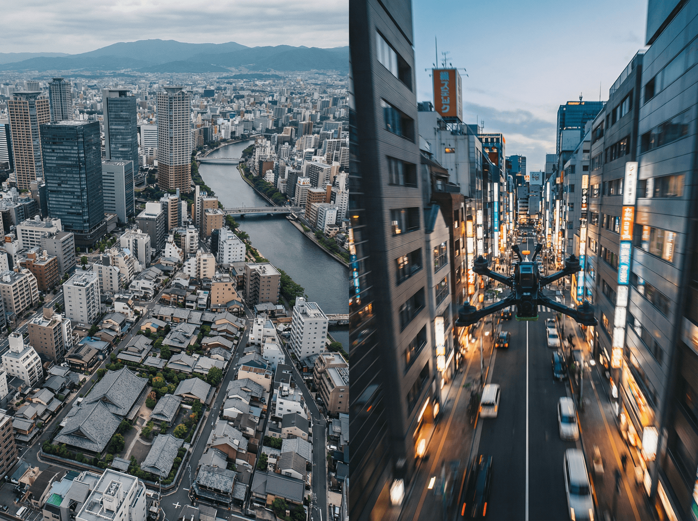 Before/After対比イメージ:一般的な高高度からの空撮とダイナミックなFPV映像